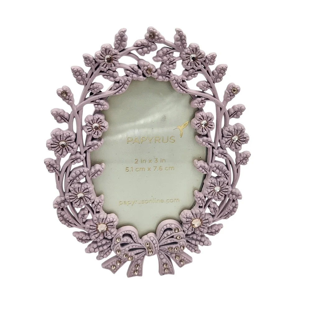 Papyrus Picture Frame 3x3 Oval Floral Vine Rhinestone Bow Pink Decorative NEW